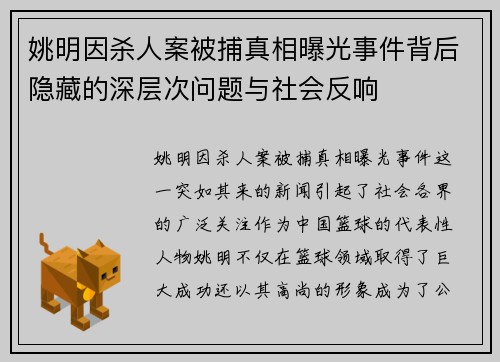 姚明因杀人案被捕真相曝光事件背后隐藏的深层次问题与社会反响